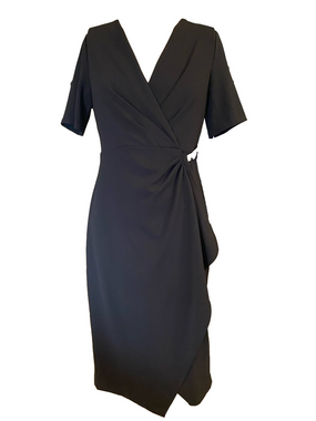 DKNY Black Wrap Midi Dress with Side Gather and Decorative Buckle